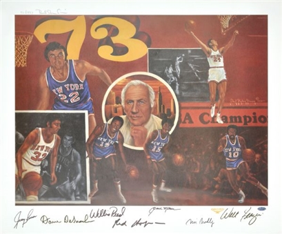 1973 New York Knicks Autographed Championship Lithograph with Seven Hall of Fame Signatures - LE of 1973